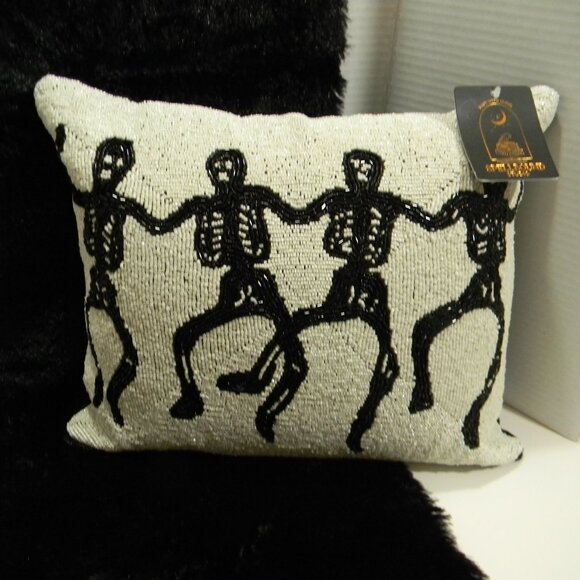 Spellbound Beaded Dancing Skeleton Decorative Throw Pillow Halloween Whimsy NWT - Picture 1 of 5